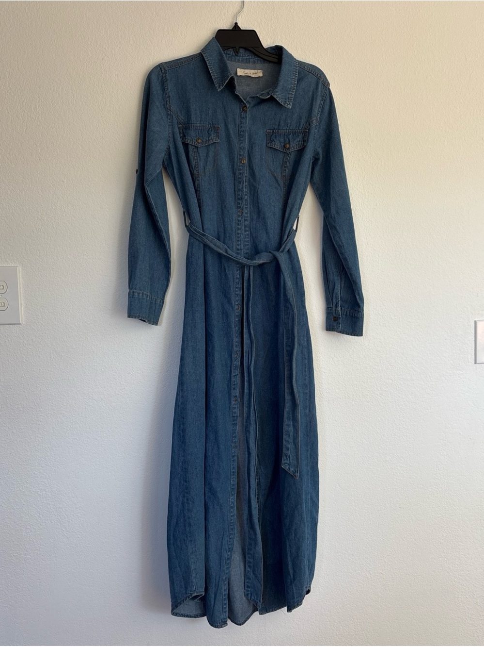Sophie & Hailee Blue Denim Shirt Dress Belted Pockets Long Sleeve S